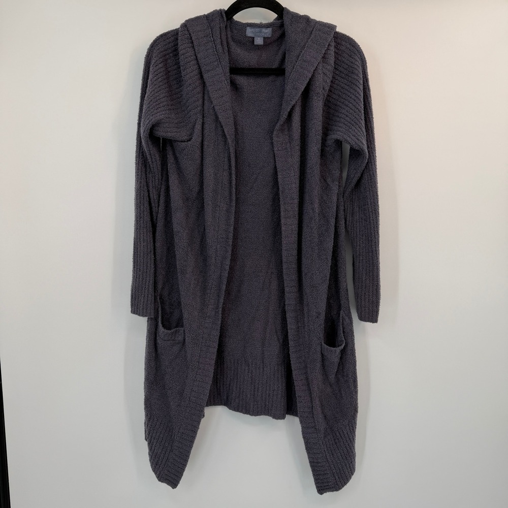 Barefoot Dreams CozyChic Lite Hooded Cardigan Gray Ribbed Pocket Medium Lounge